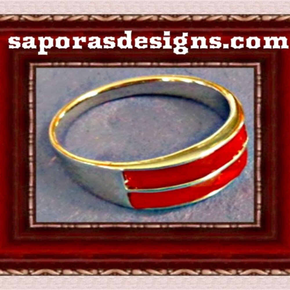 Silver Tone Band Design Ring Size 7 With Red Stone